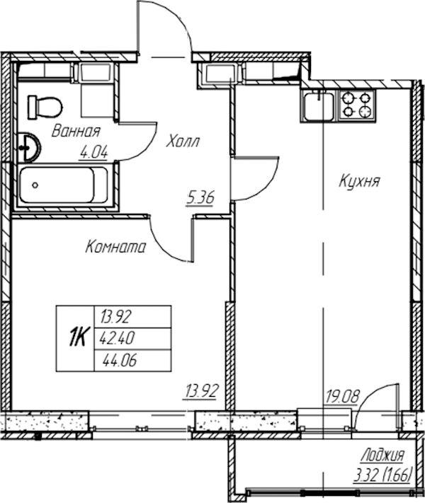 1-комнатная квартира 44.06 м², 14/22 эт., ЖК «Парк-квартал Юнтолово»